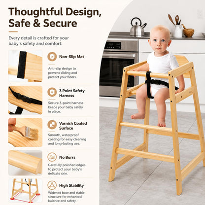 Neoflavie 2 Pack Wooden High Chairs for Babies and Toddlers, Restaurant-Style Stackable High Chair with Commercial Grade Solid Wood for Dining Table & Kitchen, Easy to Clean Baby Booster Seat -Natural
