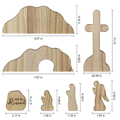 GRECOMEIN He is Risen Wooden Easter Resurrection Scene, Handcrafted Solid Wood Empty Tomb Set with Rolling Stone and Cross, Christian Religious Decor, Catholic Gifts