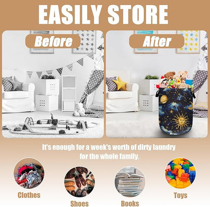 Sun Moon Laundry Basket, Foldable Cloudy Starry Night Laundry Hamper Tote Bag