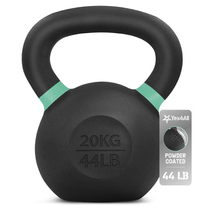 Yes4All Powder Coated Kettlebell, Cast Iron Core Kettlebells with Non-Slip Handle & Flat Bottom for Conditioning, Heavy Duty for Strength Training, 9lb to 71lb - Single & Pair