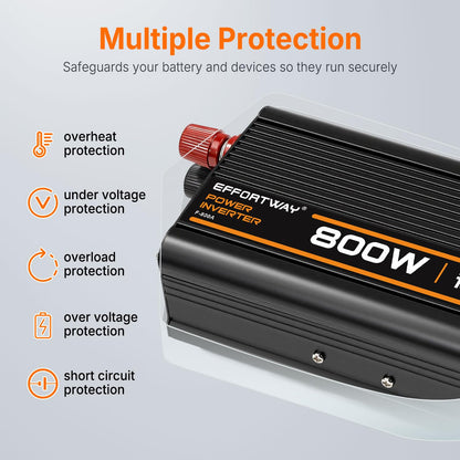 EFFORTWAY 800W Power Inverter, Inverter 12V to 110V with 2 AC Outlets, 2.1A USB Port, Car Power Inverter with Alligator Battery Clamp for Phone, Laptop on Camping, Road Trip