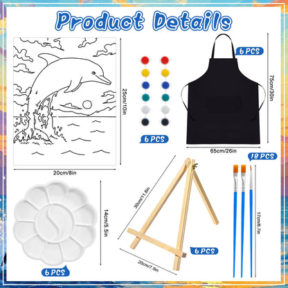 Motipuns 6 Set Pre Drawn Canvas for Painting for Adults Sip and Paint Kit with Easels 8 x 10 Inches Paint Party Kit with Printed Canvas Paints Brushes Palette Apron(Sunset Dolphin)