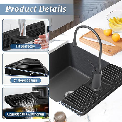 PoYang 14.6 inch Faucet Mat for Kitchen Sink Splash Guard, 7° Slope Silicone