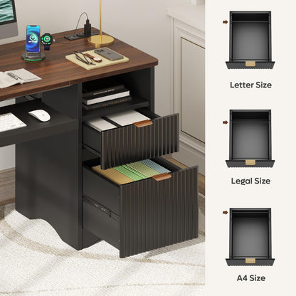 Bestier Computer Desk with Keyboard Tray, 55 inch Office Desk with Power Outlet, Modern Home Office Desk with File Drawer (Walnut with Black, 55" W with Single-Sided Drawers)