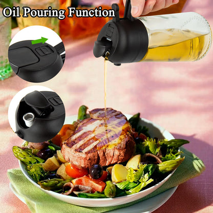 Ponpon Oil Sprayer for Cooking, 16oz Olive Oil Spray Bottle, Oil Dispenser for Kitchen for Barbecue, Salad, Cooking, Baking (Black)