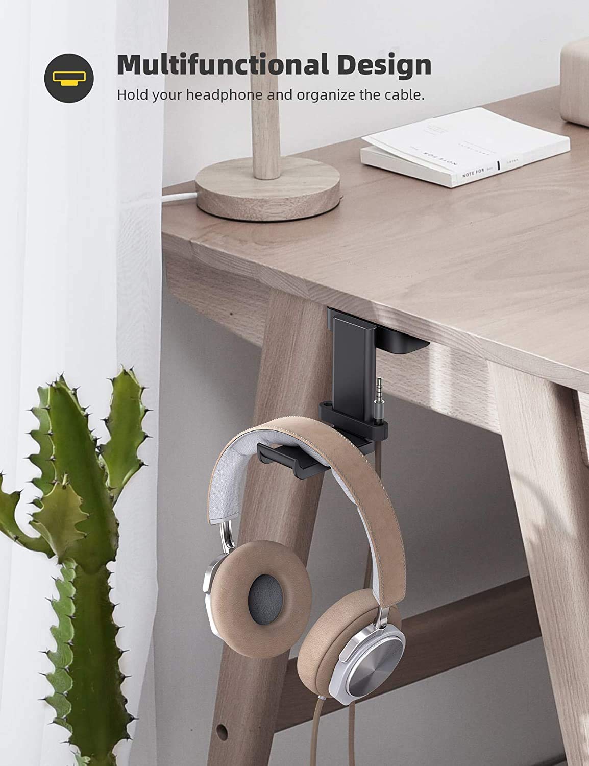 Lamicall Headphone Stand, Headset Hanger - 360 Degree Rotation Earphone Hook Holder Mount, Table Headphone Stand with Cable Organizer, Gaming Headset Clamp for HyperX, Razer, Sony, Sennheiser - Black