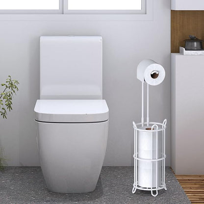 Meangood Toilet Paper Holder Stand and Tissue Paper Roll Dispenser for 4 Mega Rolls, Bathroom Free Standing Tissue Roll Storage Holder Rack, Metal Wire (White)