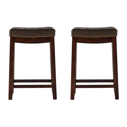Linon Kingston Brown Wooden Backless 26.5 Inch Seat Height Counter Stool with Brown Faux Leather Upholstered Seat and Nailheads