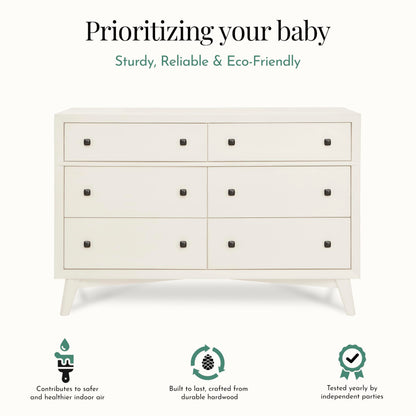Evolur Loft Antilia Mid-Century Double Dresser in Vanilla Bean, 6 Spacious Drawers, Comes Fully Assembled, Included Anti-Tipping Kit, Wooden Nursery Furniture