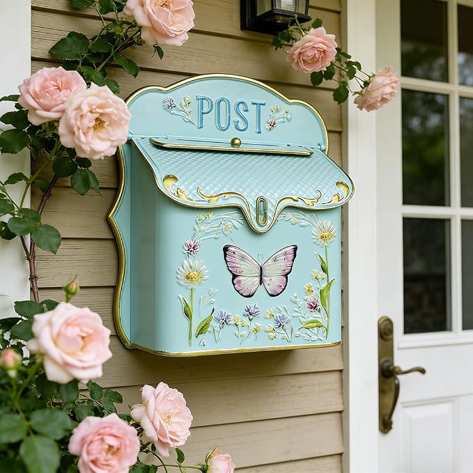 Mailbox Wall Mount Mailboxes for Outside Vintage Mail Boxes for House Outside Metal Drop Box Antique Style Nostalgic Charm Home Decorative Butterfly Green