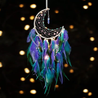 Dremisland Moon Dream Catcher with Fairy Lights-Handmade Feather Lucky Turquoise Pendant Beads Wall Hanging Ornament for Kids Bedroom Home Decoration,Art Craft Gift. (Blue&Purple)