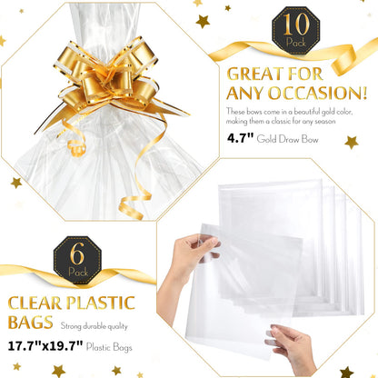 Mimorou 6 Pack Baskets for Gifts Empty To Fill, Kraft Empty Gift Basket Kit Bulk with Handle 6 Wrap Bag 10 Pull Bow DIY for Wedding Graduation Birthday Party Holiday(Black,Simple Style)