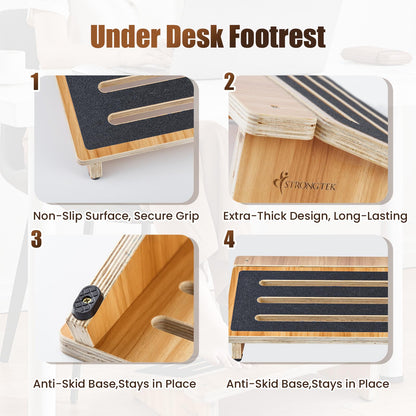 StrongTek Wooden Footrest Set, Adjustable Double-Step Foot Stool + 4" Ergonomic Under Desk Footrest, Cushioned & Non-Slip Design for Posture, Comfort & Circulation, Ideal for Office & Home
