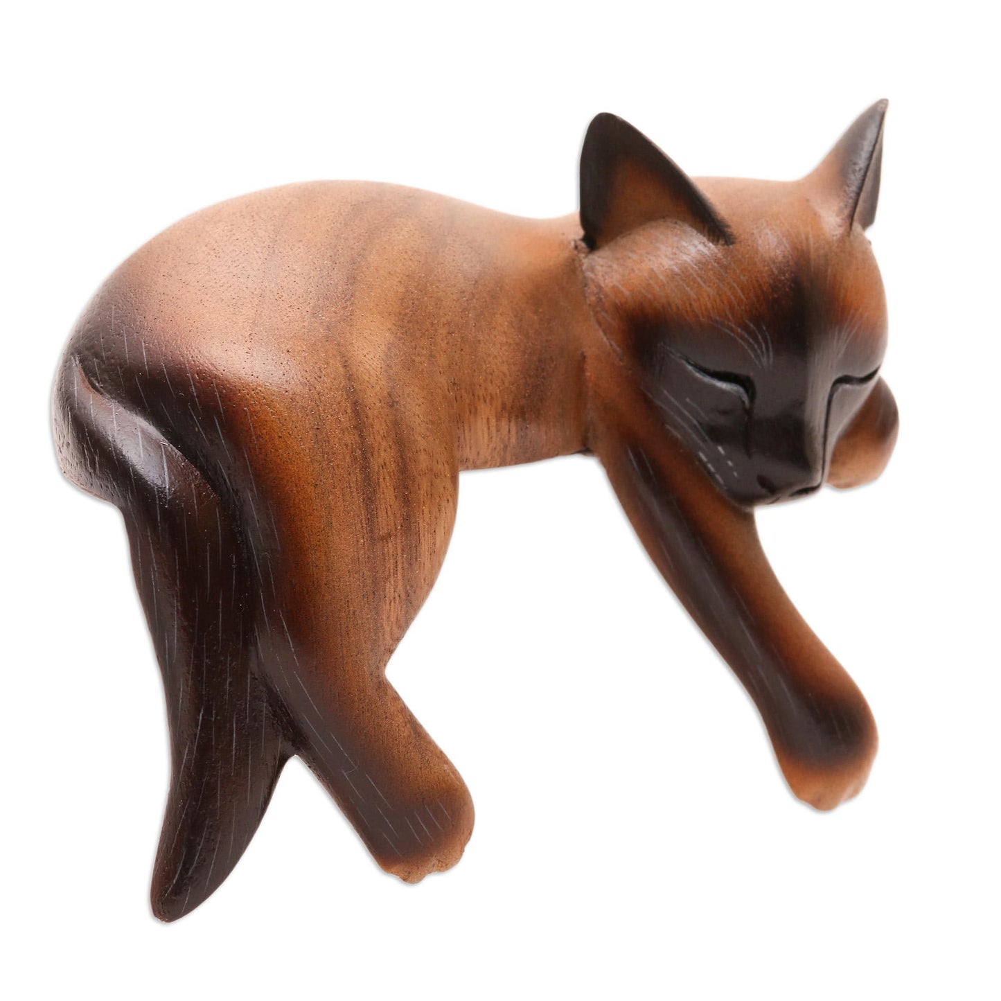 NOVICA Artisan Handmade Wood Statuette Sleeping Siamese Suar Cat Brown Indonesia Sculpture Painted [4.3in H x 6in W x 3.5in D] ' Sleeping Feline'
