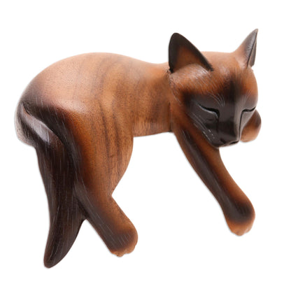 NOVICA Artisan Handmade Wood Statuette Sleeping Siamese Suar Cat Brown Indonesia Sculpture Painted [4.3in H x 6in W x 3.5in D] ' Sleeping Feline'