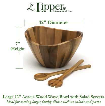 Lipper International Acacia Large Wave Bowl with Servers, 162.31 fl.oz.,Brown