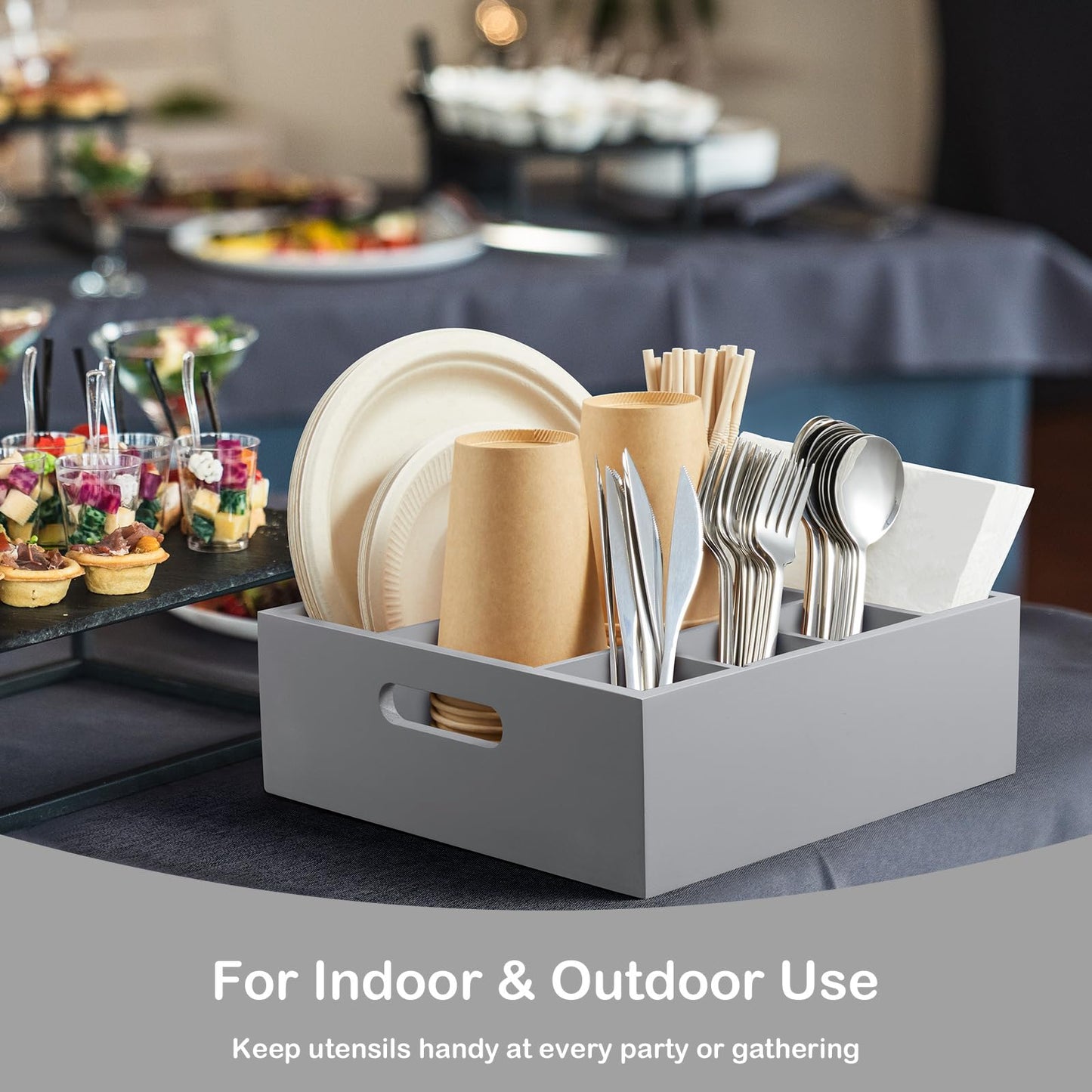 GCWSTJK Wood Utensil Holder for Party, 6-Compartment Paper Plate Organizer with Handles, Wooden Silverware Caddy for Picnic, Camping, BBQ, Buffet, and Kitchen Countertop Organization, Gray