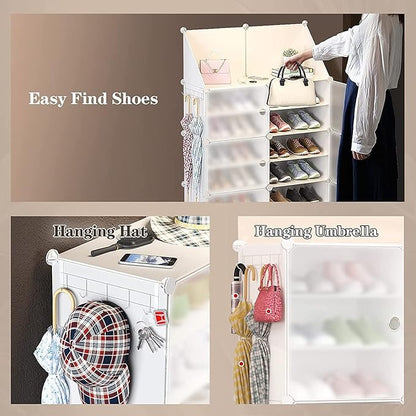 Jomifin Shoe Rack Storage Cabinet with Doors, Key Holder, Portable Shoe Organizer, Expandable Standing Rack, Holds 32-64 Pairs Shoes Boots Slippers for Closet Hallway Entryway Bedroom, 2x8 Tier, White