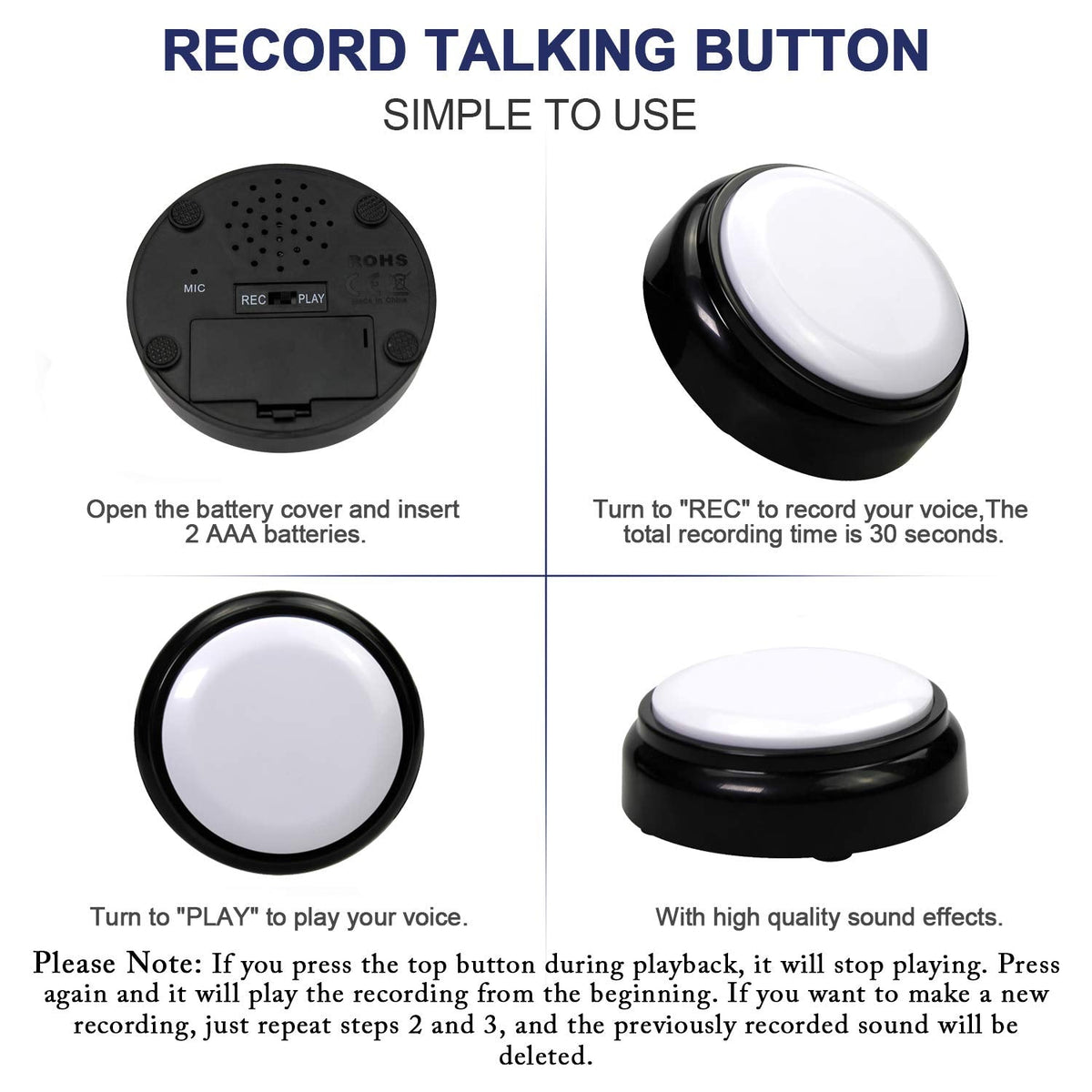 Cover 30 Seconds Recordable Talking Button Record Button Toy Gift Answer Buzzers (White+Black)