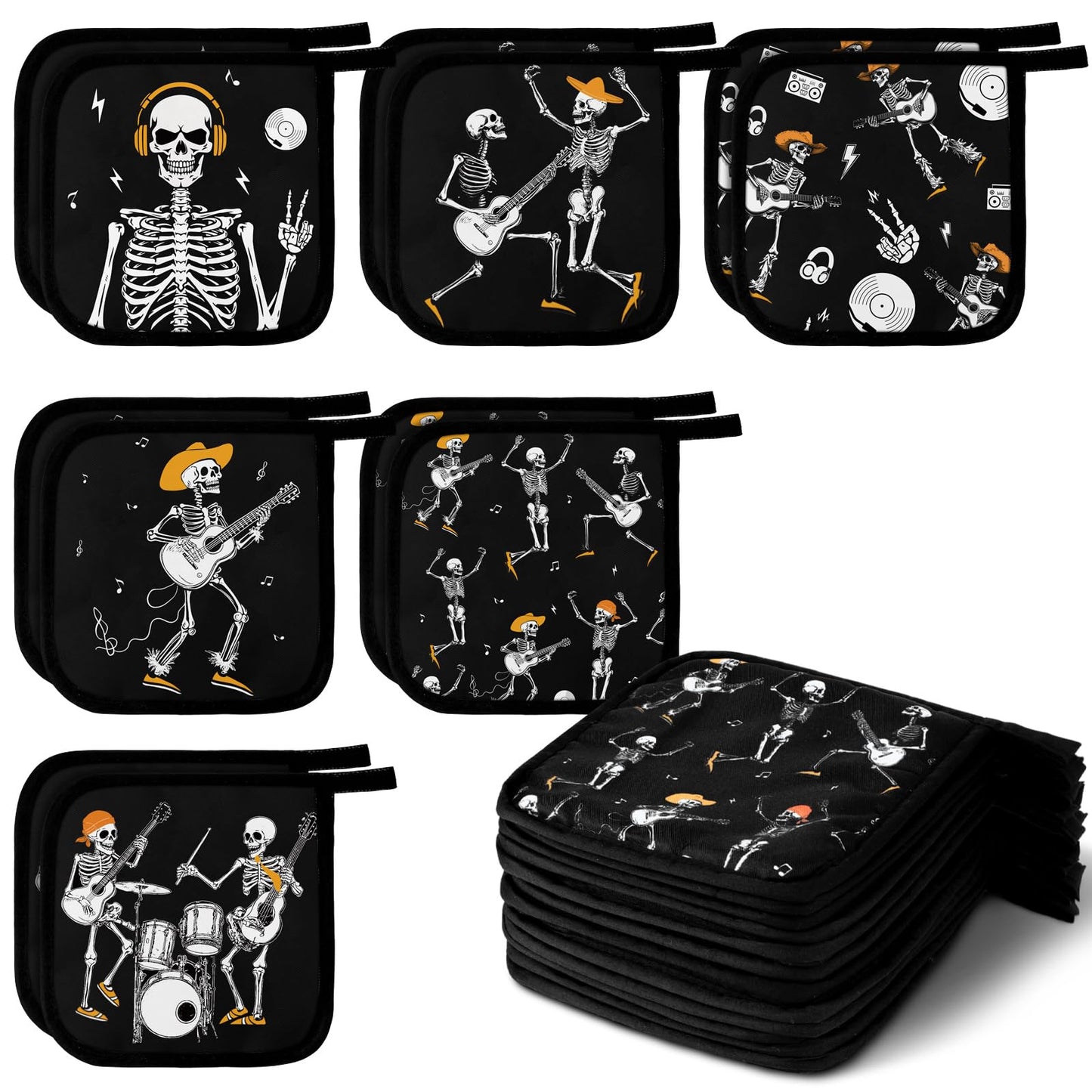 Bencailor 12 Pcs Pot Holders with Pocket Kitchen Hot Potholders Hot Pad Oven Mitts Cookie Bag Oven Gloves for Kitchen Gift Baking Cooking(Dark Black,Skull)