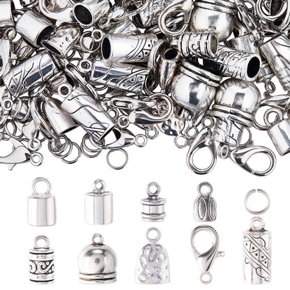 SUNNYCLUE 1 Box 230pcs Tassel Cord End Caps Kumihimo Cord Ends Antique Silver Tibetan Crimp Glue in Barrel Leather Thread End Terminator Tips with Lobster Clasp for Jewelry Making Kits Bracelets DIY
