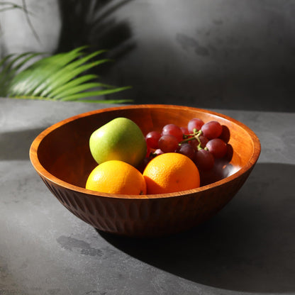 LAVAUK 12" x 4" Wood bowl with hand carved pattern | 4.3 quarts capacity | wooden bowl for food, serving salads, pasta, cereal or popcorn | kitchen counter centerpiece bowl for fruits |