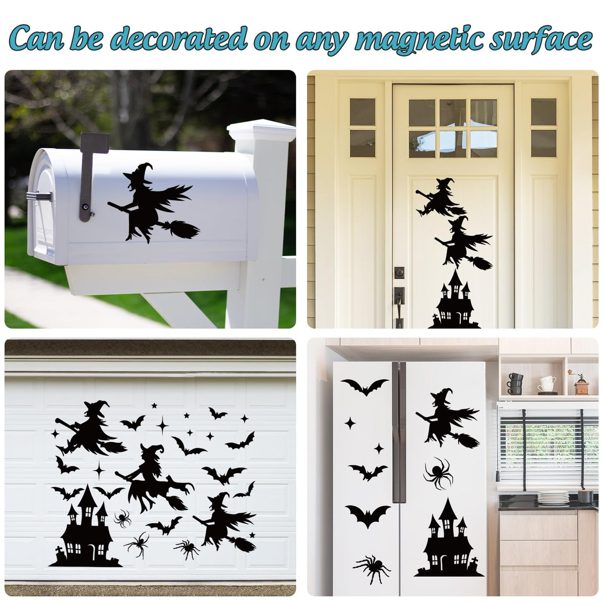 JarThenaAMCS 31Pcs Halloween Garage Decoration Magnet Stickers Black Witch Bat Spider Castle Star Refrigerator Decals for Party Home Door Car Dishwasher Decor