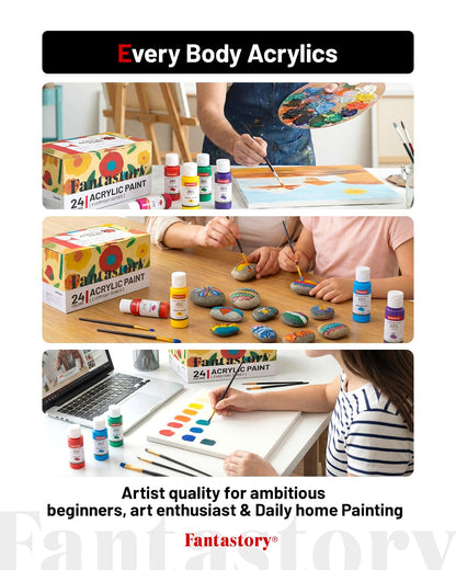 Fantastory Acrylic Paint Set, 24 x 60 ml with 12 Brushes; Christmas Acrylic Paint, Waterproof; For Artwork & DIY Projects on Canvas, Wood, Glass, Clay, Fabric, Ceramic, Paper, Canvas
