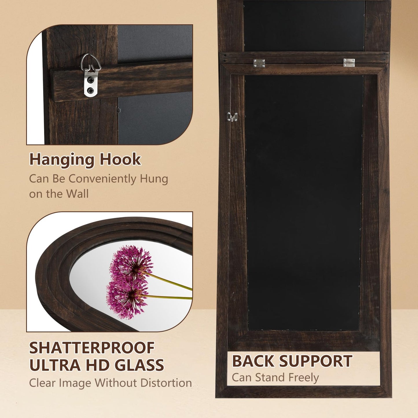 Rustic Wood Floor Full Length Mirror with Stand, 64"X21" Farmhouse Arched Free Standing Mirror for Bedroom Living Room Store, Leaning or Wall Mounted, Tempered Glass, Brown