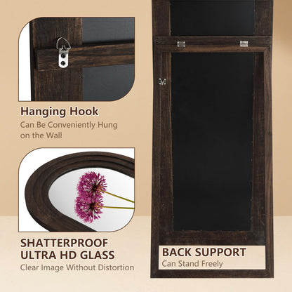Rustic Wood Floor Full Length Mirror with Stand, 64"X21" Farmhouse Arched Free Standing Mirror for Bedroom Living Room Store, Leaning or Wall Mounted, Tempered Glass, Brown