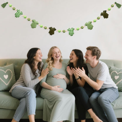 Sage Green Plaid Baby Clothes Decorations Pre-Strung Handmade Felt Baby Clothes Wooden Bead Wool Felt Ball Banner Garland for Neutral Gender Reveal Baby Shower Party Nursery Fireplace Home Decor