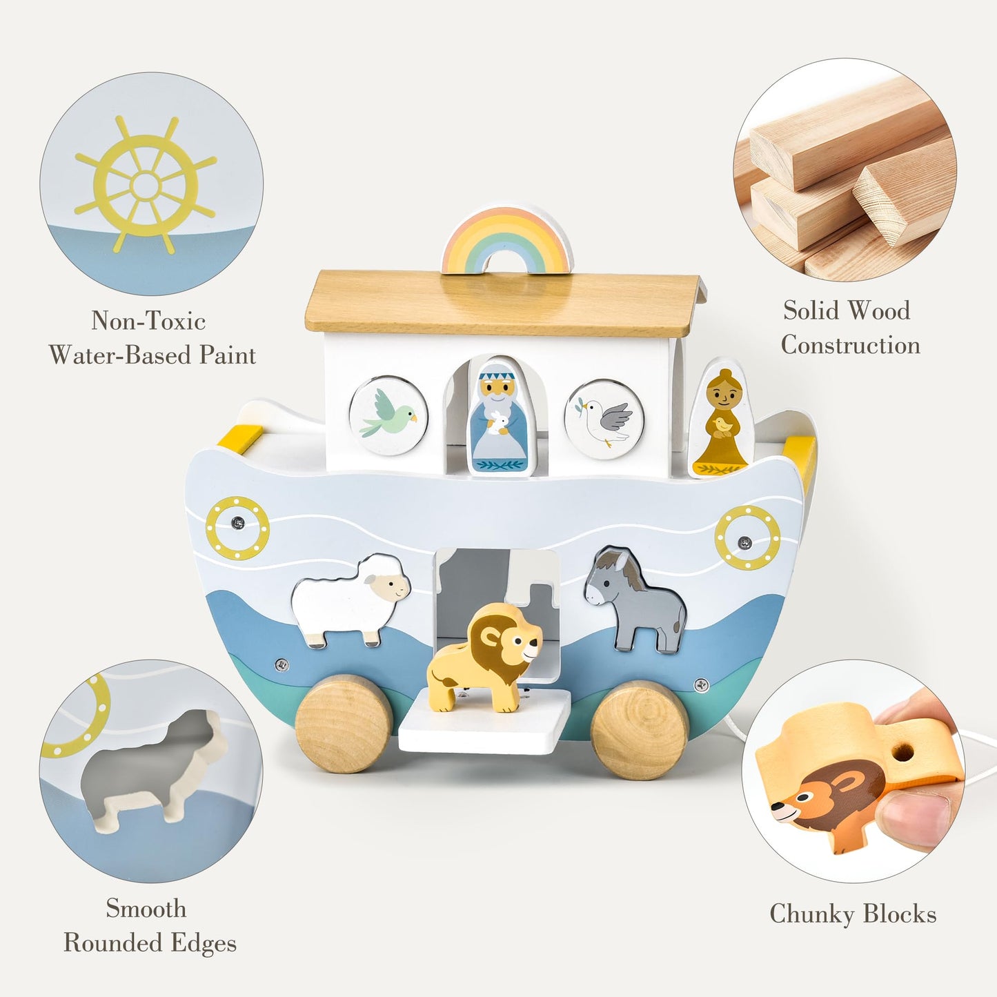 Wooden Noah’s Ark Toy with Cloth Book, Baptism Gifts for Boys and Girls, Christian Shape Sorter Pull Along Playset, Montessori Toys for 1 Year Old, Animal Matching Stacking and Threading Toys
