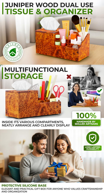 Wooden Tissue Box Holder with Storage Organizer for Desk, Bathroom & Nightstand – Handmade Wood Tissue Cover