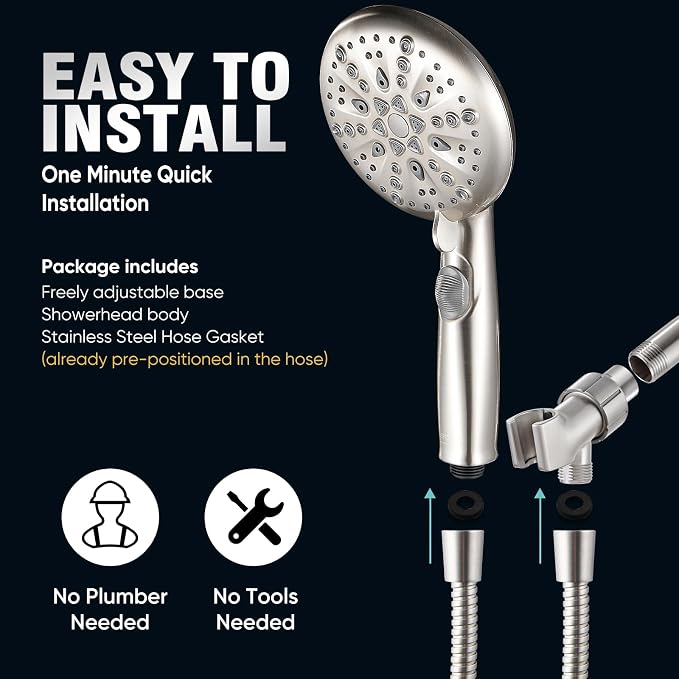 Cobbe 9-Function Shower Head with Built-in Power Spray, 1.8 GPM Water Saving ON/OFF Toggle Switch, High Pressure Handheld Showerhead with 1-Click Pause Button, Brass Bracket & 6ft Hose, Brushed Nickel