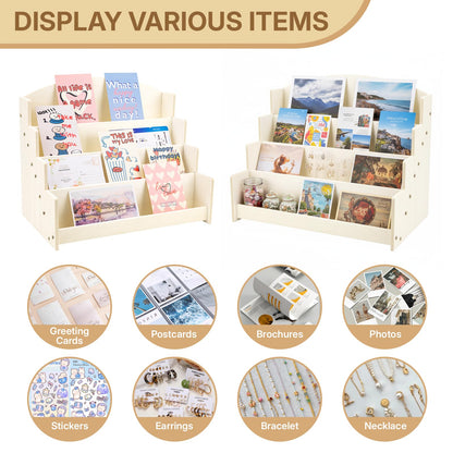 Aubeco 4 Tier 1Pc Wooden Greeting Card Display Stand, Sticker Organizer Rack, Retail Photos Shelf for Vendors Craft Collection, Retail Stores, Postcards, Jewelry, Snacks