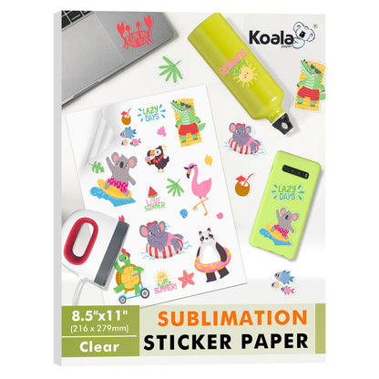 Koala Sublimation Sticker Paper 100% Transparent Waterproof Vinyl 8.5x11 inch 25 Sheets, Quick Dry Vivid Colors Holds Ink Well