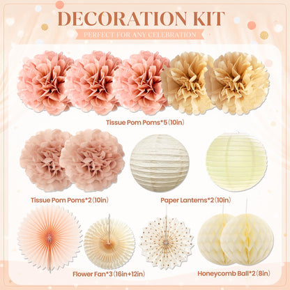 64Pcs Birthday Party Decorations Happy Birthday Banner, Paper Lanterns, Streamers, Tissue Pom Poms, Party Balloons, Rustic Backdrop Decor (Champagne-Gold Beige)