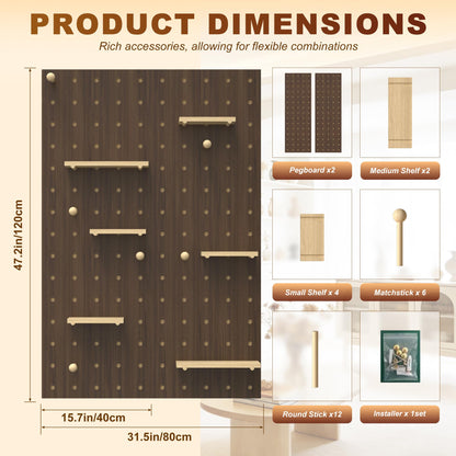 Wooden Pegboard Wall Organizer Kit, Modular DIY Peg Board Panels with Hooks, Pegboard Storage System Combination Set for Garage Office Craft Room Bedroom Kitchen, Living Room (Brown, 80X120CM)