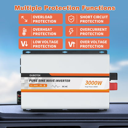 OUBOTEK 3000 Watt Pure Sine Wave Inverter, DC 12V to AC 120V with LCD Display, Remote Control, USB Port, 4 AC Outlets, and Terminal Block for RV Boat Camping Solar System and Home Use