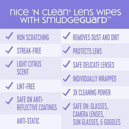 Nice 'N CLEAN SmudgeGuard Lens Wipes | Individually-Wrapped, Pre-Moistened