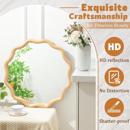 Vercraft 24 Inch Scalloped Wooden Bathroom Round Circle Mirror for Wall, Boho Wavy with Tempered Glass, Natural Frame Hanging for Bedroom, Living Room, Entryway, Farmhouse (Natural Wood Color)