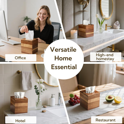 2 Pack Wooden Tissue Box Cover Bulk Square - Acacia Wood Tissue Box Holder for Tabletop Stands Bathroom Office- Decorative Facial Wood Tissue Box Cover for Modern Farmhouse Decor
