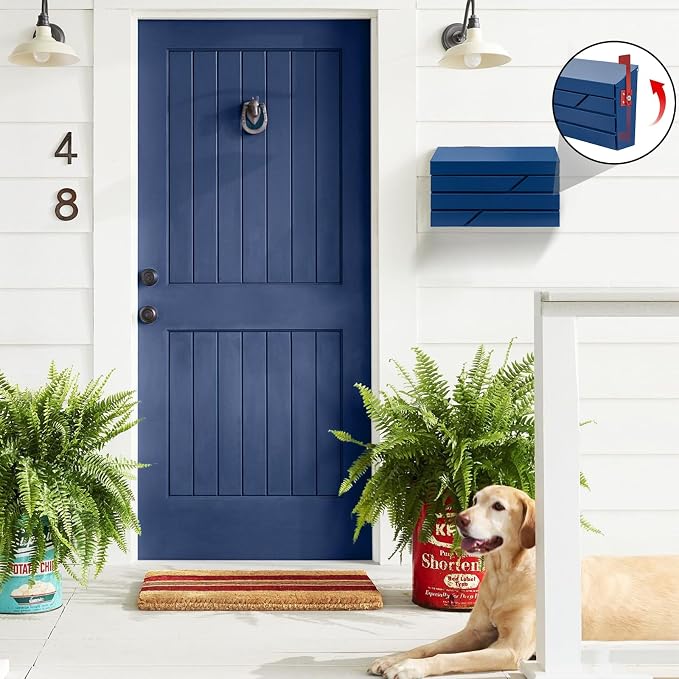 Wall Mount Mailbox for House Outside, Large Capacity Mailbox with Flag Drop Box, Galvanized Steel and Rust-Proof Metal Post Box, 15.74"x9.84"x4.33", Blue, MD065