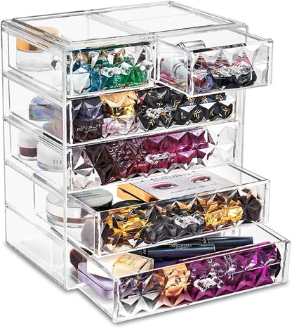 Sorbus Acrylic Makeup Organizer Set, 6-Drawer Vanity & Countertop Cosmetic Storage with Small & Wide Drawers, Diamond Makeup Storage for Brushes, Lipsticks, Jewelry – Holiday Gift for Women & Teens