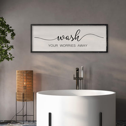 RLWangChao Farmhouse Laundry Room Wall Decor Wash Your Worries Away Sign 32×12 Inch Bathroom Inspirational Quote for Shower Room above the Bathtub Wooden Framed Minimalist Wall Hanging Art (Black)