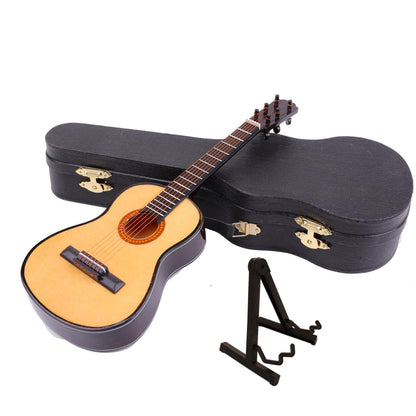 Dselvgvu Wooden Miniature Guitar with Stand and Case Mini Musical Instrument Guitar Replica Collectible Figurines Dollhouse Accessories Model Home Decoration Display Ornament (7.87"x2.87"x0.94")
