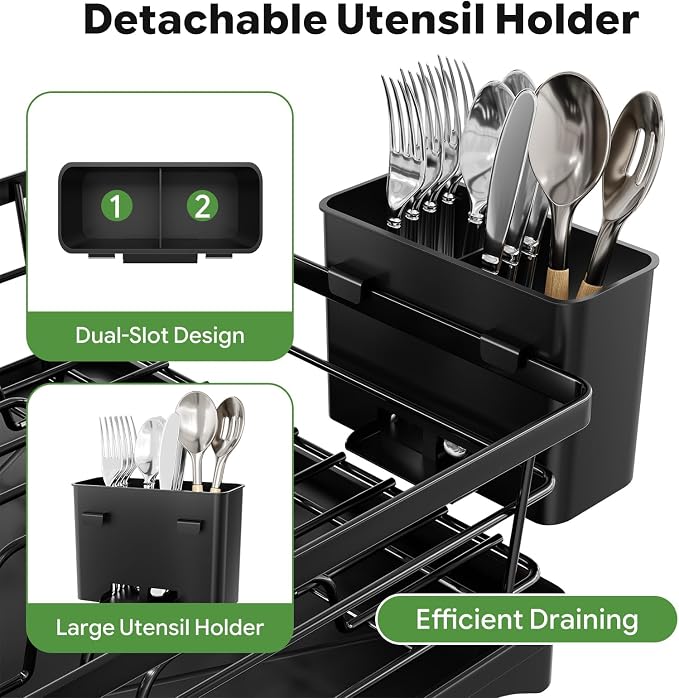 Simple Trending Dish Drying Rack, Space-Saving Dish Rack for Kitchen Counter, Stainless Steel Dish Drainer with Cutlery Holder and Drainboard, 12''W x 17''L, Black
