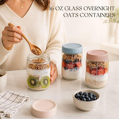 KEMORELA 4-Pack 16oz Overnight Oats Containers with Lids, Wide Mouth Glass Mason Jars with Airtight Lids, Reusable Glass Food Storage Containers for Yogurt, Chia Pudding, Salad, and Pickles