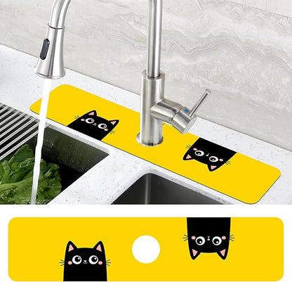 Cute Black Cat Head Kitchen Sink Splash Guard Mat Absorbent Fast Drying Mat