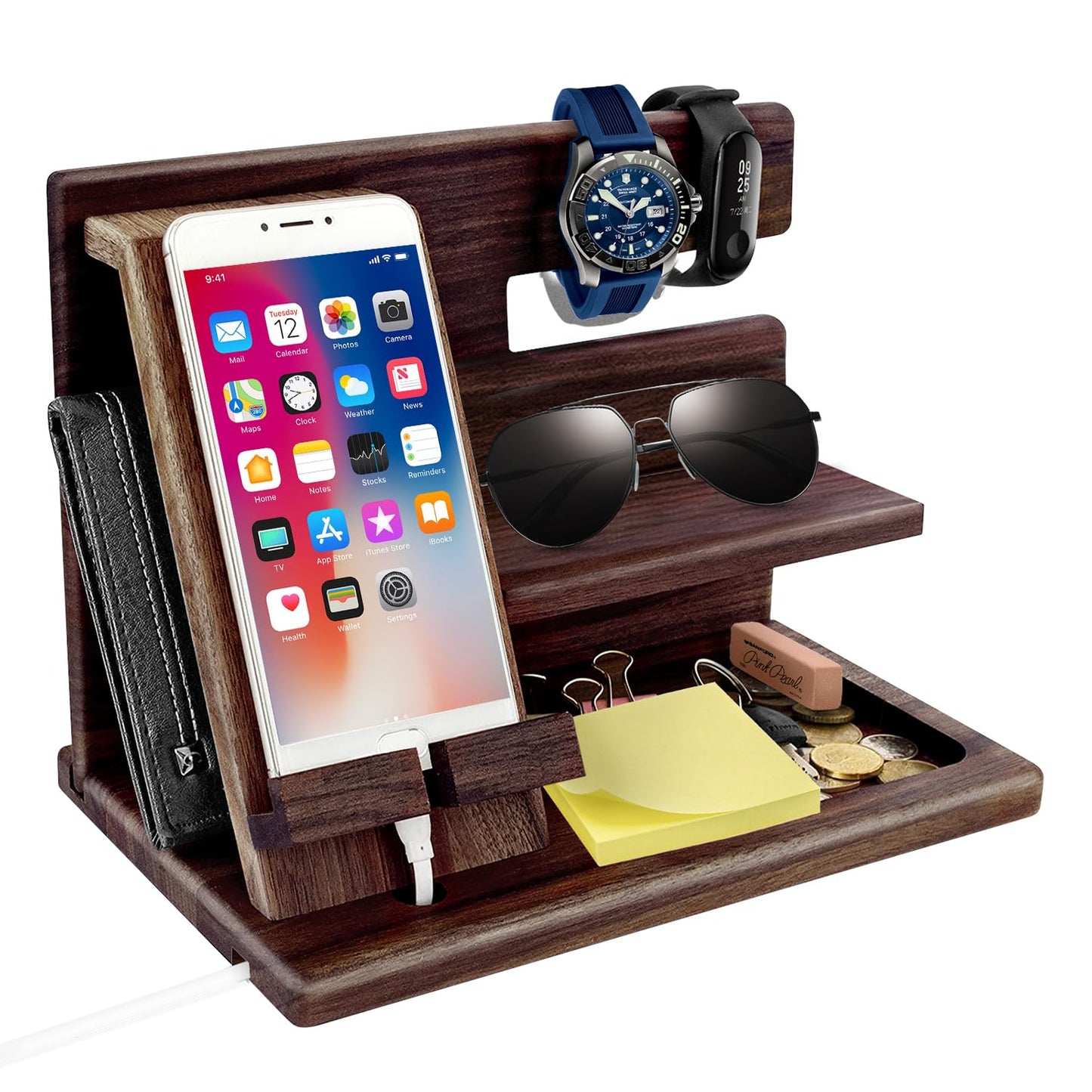 Gifts for Men Christmas, Wood Phone Docking Station, Mens Gifts for Birthday or Gifts for Dad Fathers Day, Desk Workspace Organizer Nightstand Organizer Key for Wallet & Watch Holder Husband Christmas